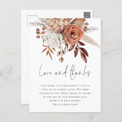 Modern Terracotta Florals Love Thanks Wedding Postcard