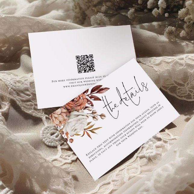 Modern Terracotta Florals QR Code Details Wedding Enclosure Card (front and back view)