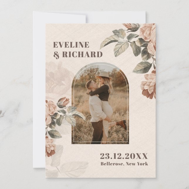 Modern Terracotta flowers arch sage green leaves Invitation (Front)