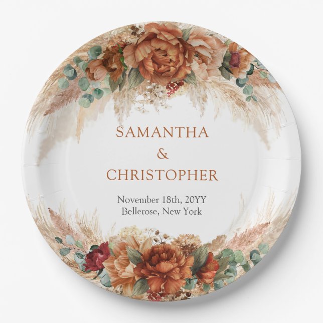 Modern Terracotta flowers burgundy pampas greenery Paper Plates (Front)