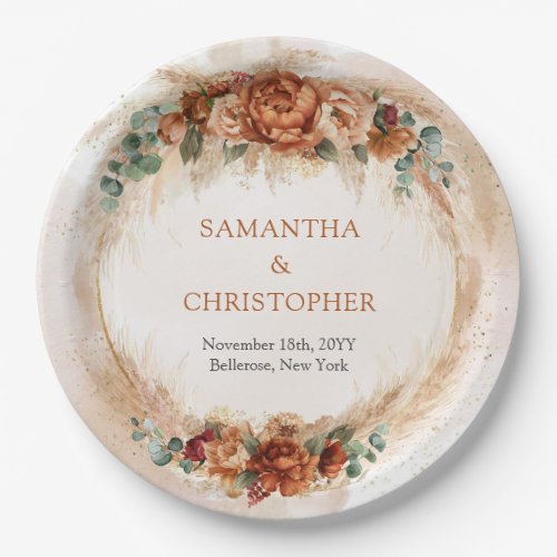 Modern Terracotta flowers burgundy pampas greenery Paper Plates