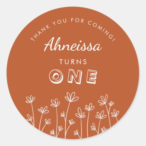 Modern Terracotta Flowers First Birthday Thank you Classic Round Sticker