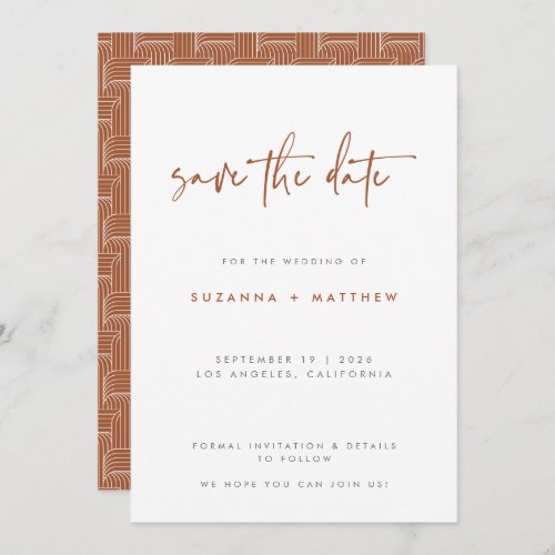 Modern Terracotta Geometric Pattern Script Wedding Save The Date