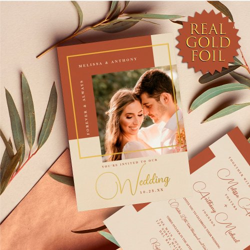 Modern Terracotta Gold Color Block Photo Wedding Foil Invitation