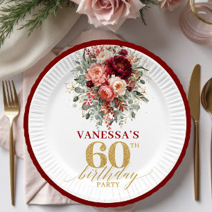 Modern Terracotta Gold Floral 60th Birthday Paper Plates