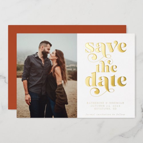 Modern Terracotta Gold Foil Photo Save the Date Foil Invitation