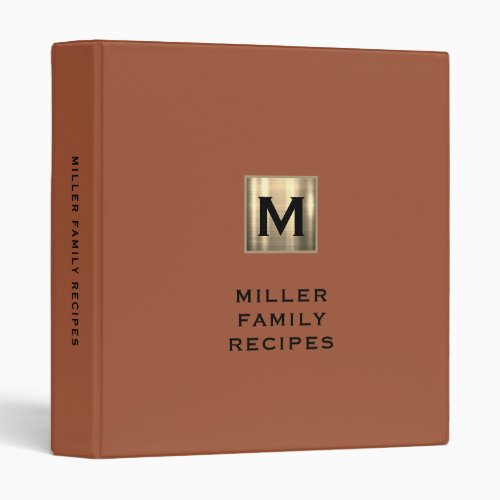 Modern Terracotta Gold Monogram Family Recipe 3 Ring Binder