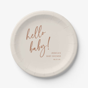 Modern Terracotta Hello Baby Shower Paper Plates