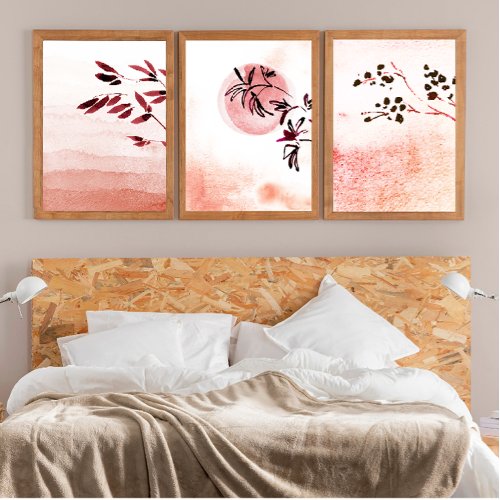 Modern terracotta Japandi landscapes with branches Wall Art Sets