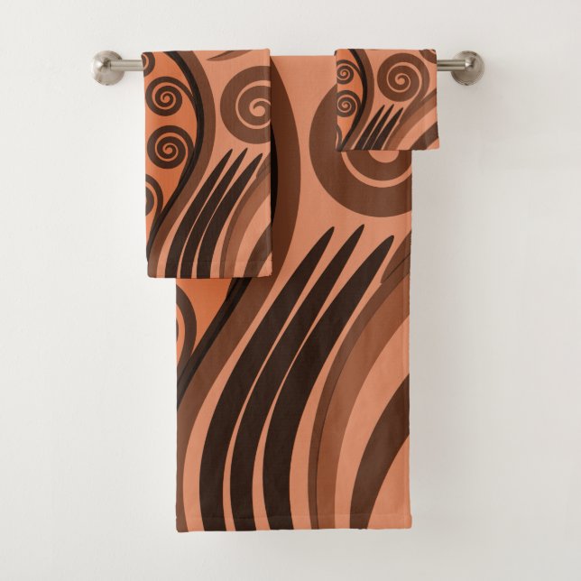 Modern Terracotta Koru Fern Frond Swirls Towel Set (Insitu)