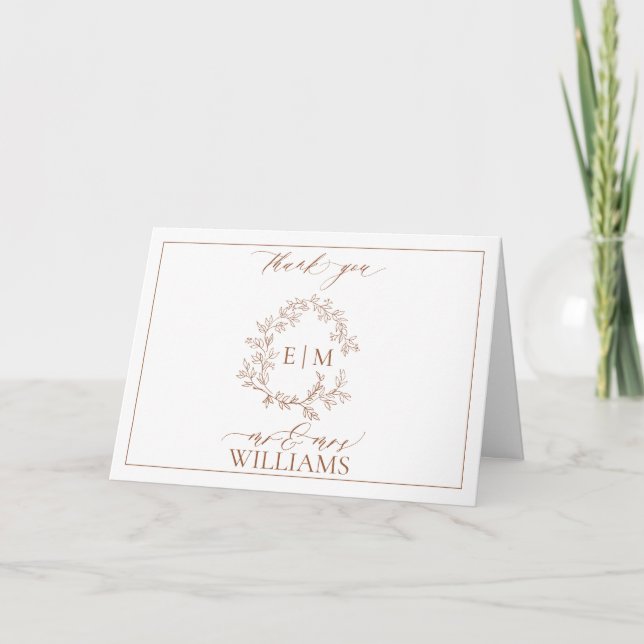 Modern Terracotta Leafy Crest Monogram Thank You Card (Front)