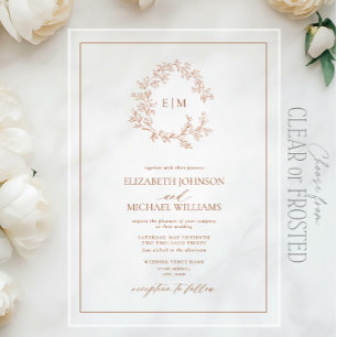 Modern Terracotta Leafy Crest Monogram Wedding Acrylic Invitations
