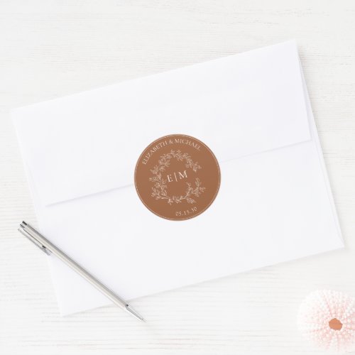Modern Terracotta Leafy Crest Monogram Wedding Classic Round Sticker