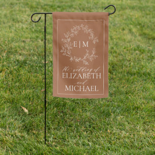 Modern Terracotta Leafy Crest Monogram Wedding Garden Flag