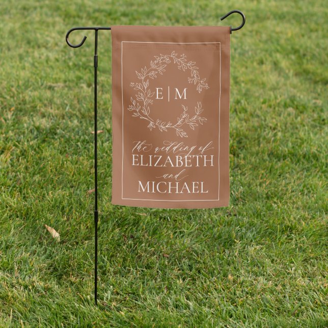 Modern Terracotta Leafy Crest Monogram Wedding Garden Flag (In SItu)