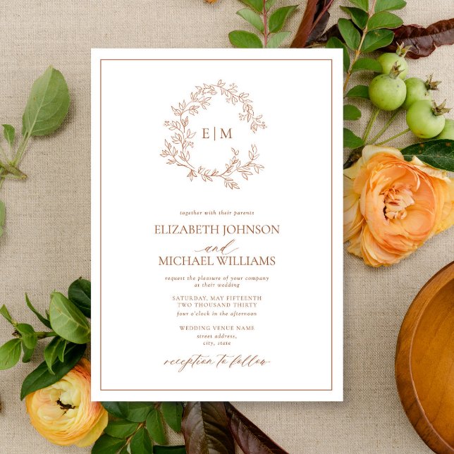 Modern Terracotta Leafy Crest Monogram Wedding Invitation (Creator Uploaded)