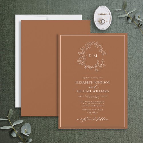 Modern Terracotta Leafy Crest Monogram Wedding Invitation