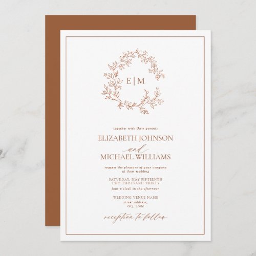 Modern Terracotta Leafy Crest Monogram Wedding Invitation - We're loving this trendy, modern terracotta wedding invitation! Simple, elegant, and oh-so-pretty, it features a hand drawn leafy wreath encircling a modern wedding monogram. It is personalized in elegant typography, and accented with hand-lettered calligraphy. Finally, it is trimmed in a delicate frame. Veiw suite here: 
https://www.zazzle.com/collections/terracotta_leafy_crest_monogram_wedding-119356721080474481 Contact designer for matching products to complete the suite, OR for color variations of this design. Thank you sooo much for supporting our small business, we really appreciate it! 
We are so happy you love this design as much as we do, and would love to invite
you to be part of our new private Facebook group Wedding Planning Tips for Busy Brides. 
Join to receive the latest on sales, new releases and more! 
https://www.facebook.com/groups/622298402544171  
Copyright Anastasia Surridge for Elegant Invites, all rights reserved.