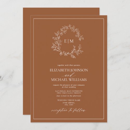 Modern Terracotta Leafy Crest Monogram Wedding Invitation - We're loving this trendy, modern terracotta wedding invitation! Simple, elegant, and oh-so-pretty, it features a hand drawn leafy wreath encircling a modern wedding monogram. It is personalized in elegant typography, and accented with hand-lettered calligraphy. Finally, it is trimmed in a delicate frame. Veiw suite here: 
https://www.zazzle.com/collections/terracotta_leafy_crest_monogram_wedding-119356721080474481 Contact designer for matching products to complete the suite, OR for color variations of this design. Thank you sooo much for supporting our small business, we really appreciate it! 
We are so happy you love this design as much as we do, and would love to invite
you to be part of our new private Facebook group Wedding Planning Tips for Busy Brides. 
Join to receive the latest on sales, new releases and more! 
https://www.facebook.com/groups/622298402544171  
Copyright Anastasia Surridge for Elegant Invites, all rights reserved.