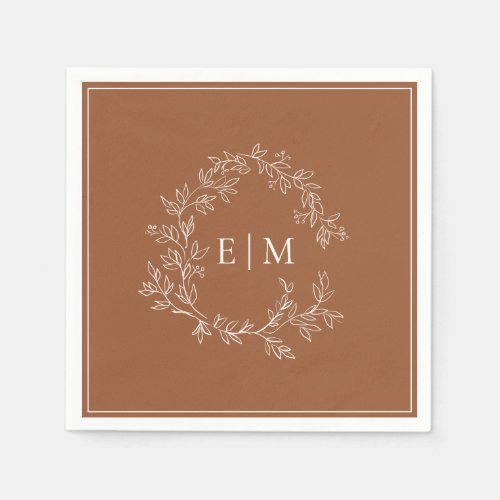 Modern Terracotta Leafy Crest Monogram Wedding Napkins