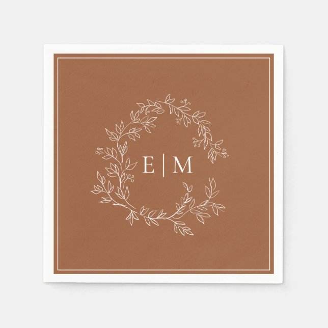 Modern Terracotta Leafy Crest Monogram Wedding Napkins (Front)