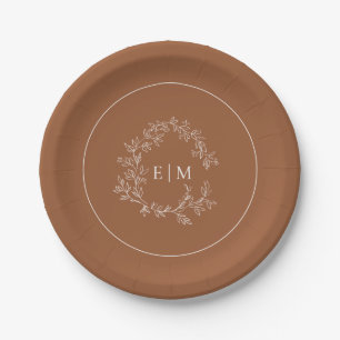 Modern Terracotta Leafy Crest Monogram Wedding Paper Plates