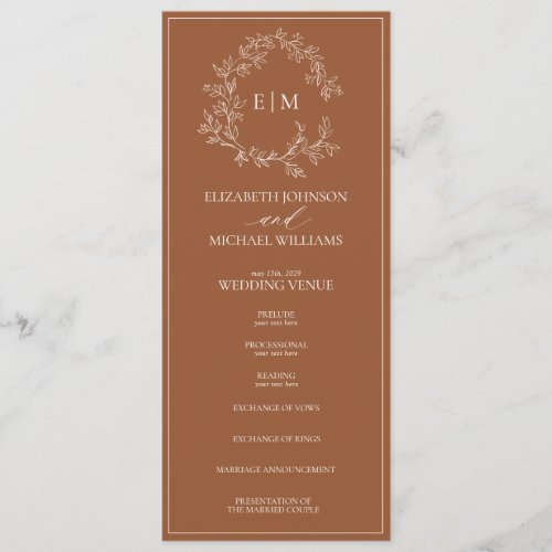 Modern Terracotta Leafy Crest Monogram Wedding Program