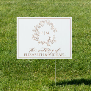 Modern Terracotta Leafy Crest Monogram Wedding Sign