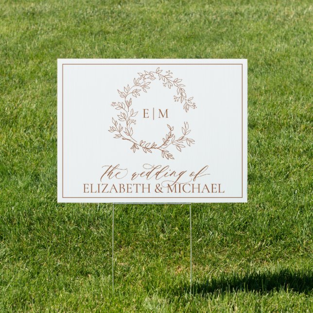 Modern Terracotta Leafy Crest Monogram Wedding Sign (Insitu)