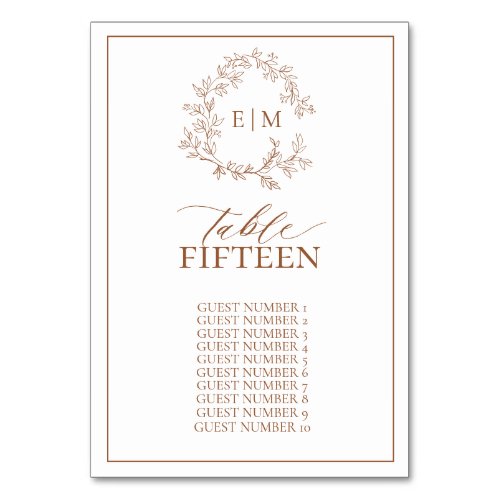 Modern Terracotta Leafy Crest Monogram Wedding Table Number