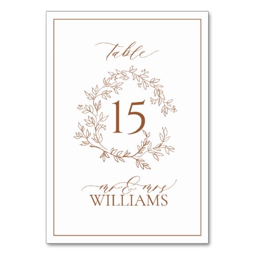 Modern Terracotta Leafy Crest Monogram Wedding Table Number