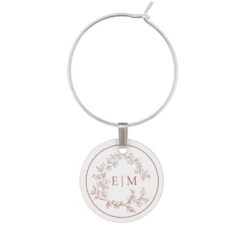 Modern Terracotta Leafy Crest Monogram Wedding Wine Charm