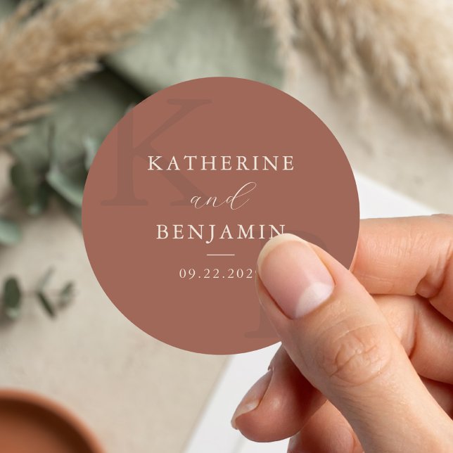 Modern Terracotta Monogram Minimalist Wedding Classic Round Sticker (Creator Uploaded)