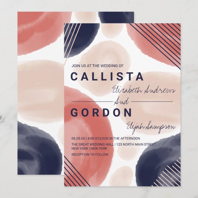 Modern Terracotta Navy Beige Watercolor Wedding Invitation (Front/Back)