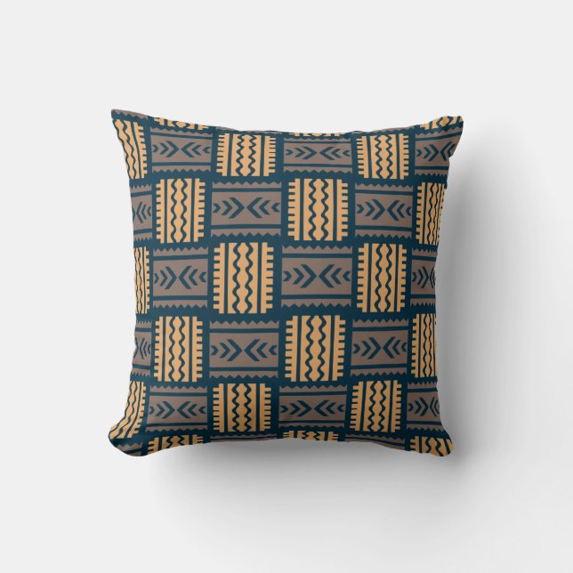 Modern Terracotta Navy Blue Jungle Tribal Pattern Throw Pillow (Front)