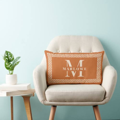 Modern Terracotta Orange Greek Key Frame Monogram Lumbar Pillow