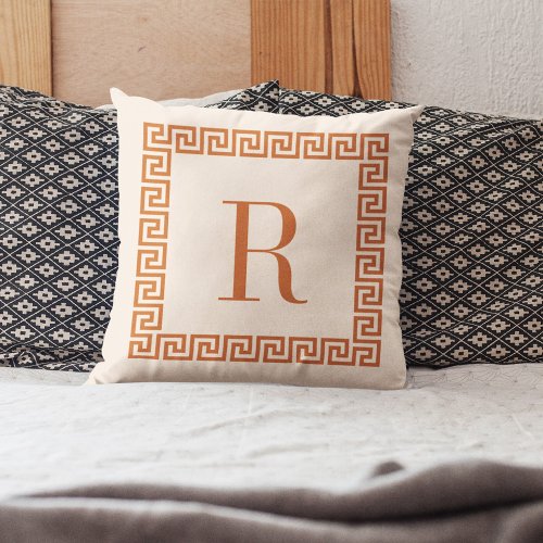 Modern Terracotta Orange Greek Key Frame Monogram Throw Pillow