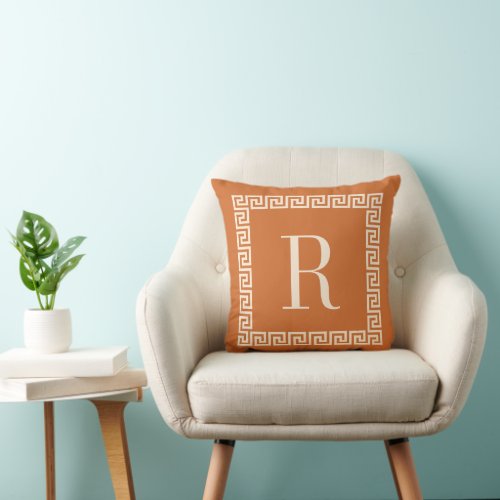 Modern Terracotta Orange Greek Key Frame Monogram Throw Pillow