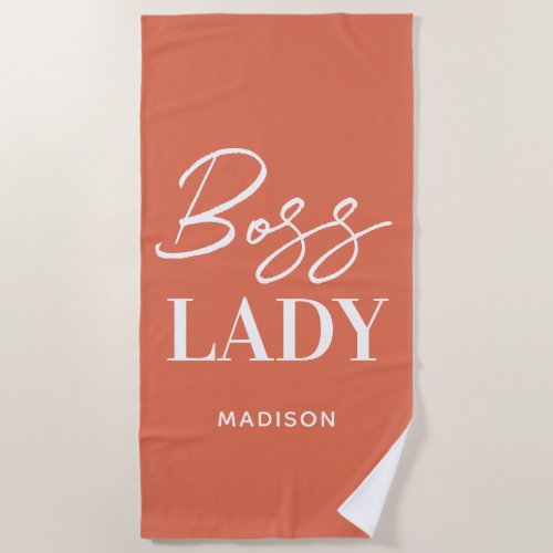 Modern Terracotta Orange Script Boss Lady Monogram Beach Towel