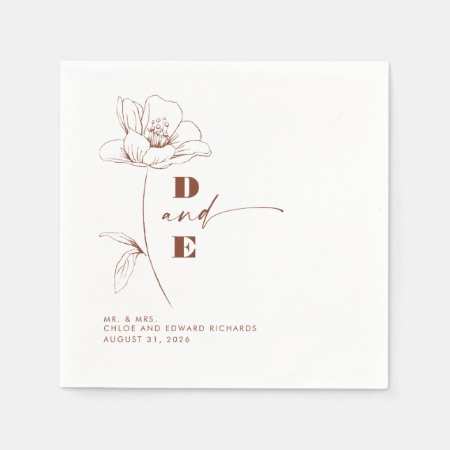 Modern Terracotta Peony Flower Couple Monogram Napkins (Front)
