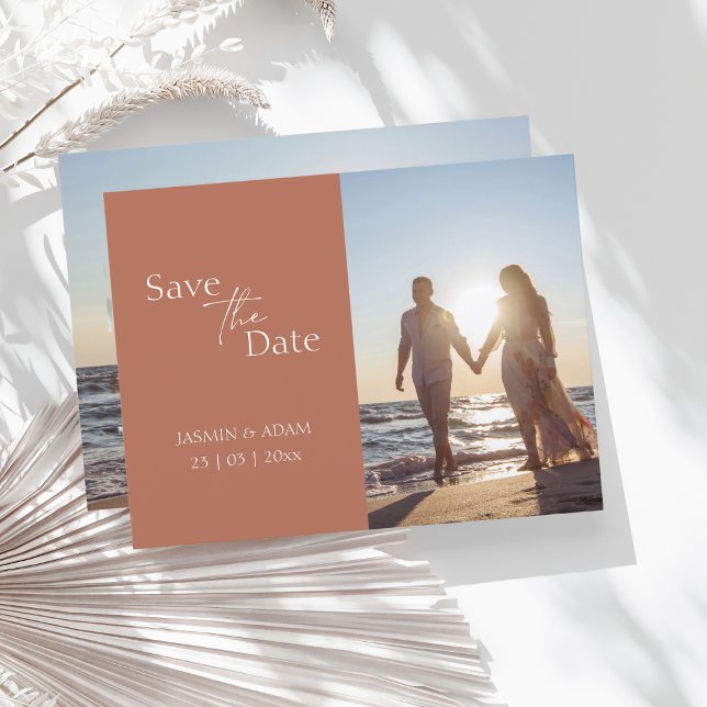 Modern Terracotta Photo Save the Date Postcard (Creator Uploaded)