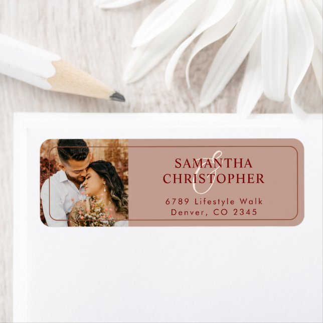 Modern Terracotta Photo Wedding Return Address Lab Label (Insitu)