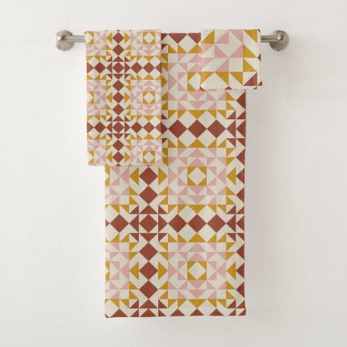 Modern Terracotta Quilt Block Geometric Pattern Bath Towel Set