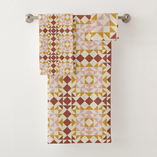Modern Terracotta Quilt Block Geometric Pattern Bath Towel Set (Insitu)