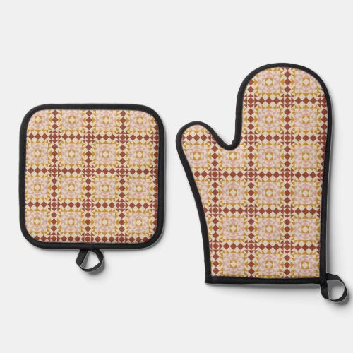 Modern Terracotta Quilt Block Geometric Pattern Oven Mitt  Pot Holder Set