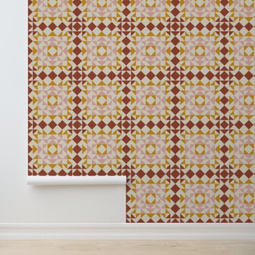 Modern Terracotta Quilt Block Geometric Pattern Wallpaper