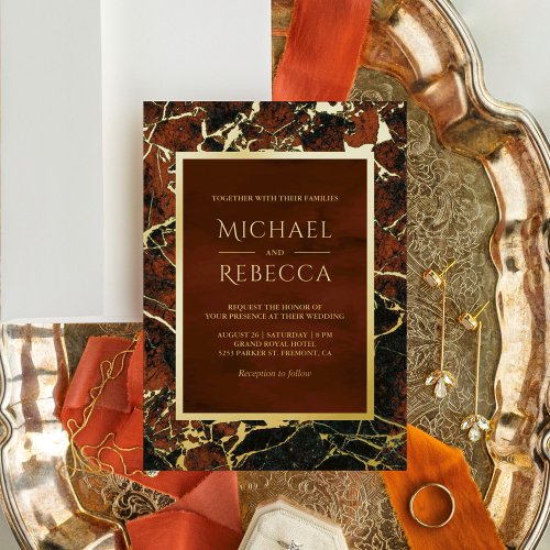Modern Terracotta Rust Marble Photo Wedding Gold Foil Invitation