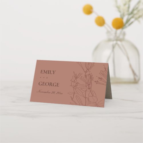 MODERN TERRACOTTA RUST PASTEL LINE DRAWING FLORAL PLACE CARD