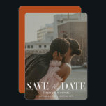 Modern Terracotta Rust Red Wedding Save Date Invitation<br><div class="desc">Inform your guests about your upcoming wedding date with these modern Save the Date Cards featuring a full bleed vertical photo, modern typography and a colored back in bold rust orange red. All colors can be changed to fit your style and wedding theme, you can also switch between different paper...</div>