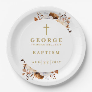 Modern Terracotta Rustic Fall Floral Baptism Paper Plates